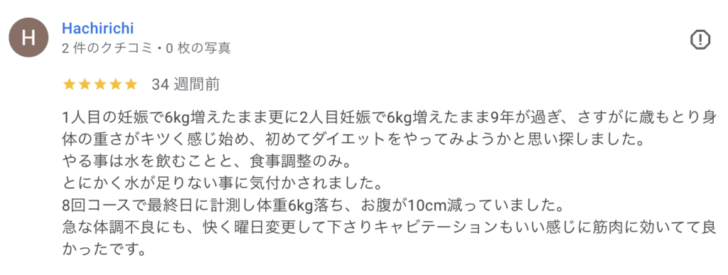 体重6kg落ち、お腹が10cm減っていました。